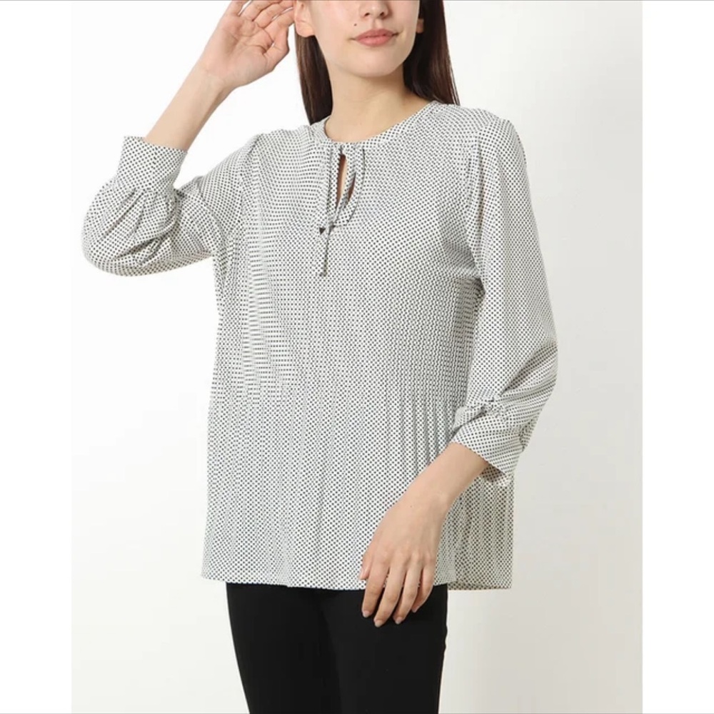 Women's White and Black Dot Tie-Neck Blouse